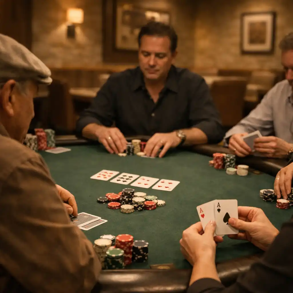 Card Lounge interior with players seated around a physical poker table in a soft, warm room