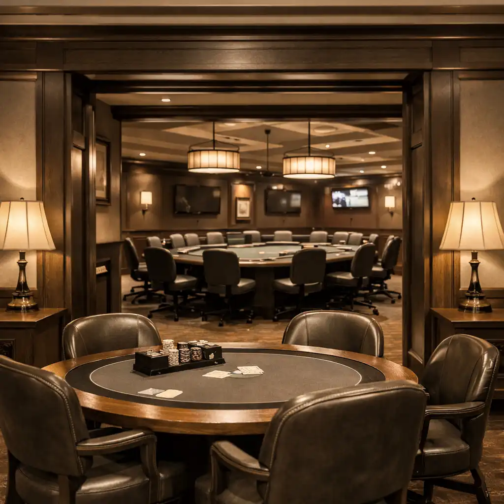 Transition between the Card Lounge and the main Poker Room, with a poker table visible in the background