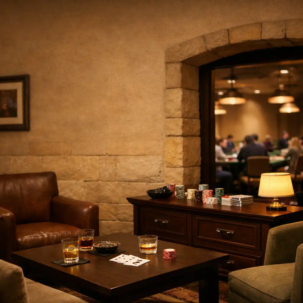 Interior detail of the Card Lounge at Poker Pier Toowoomba, showing a small seating area with a low table, chairs, and a sideboard with playing cards and chips
