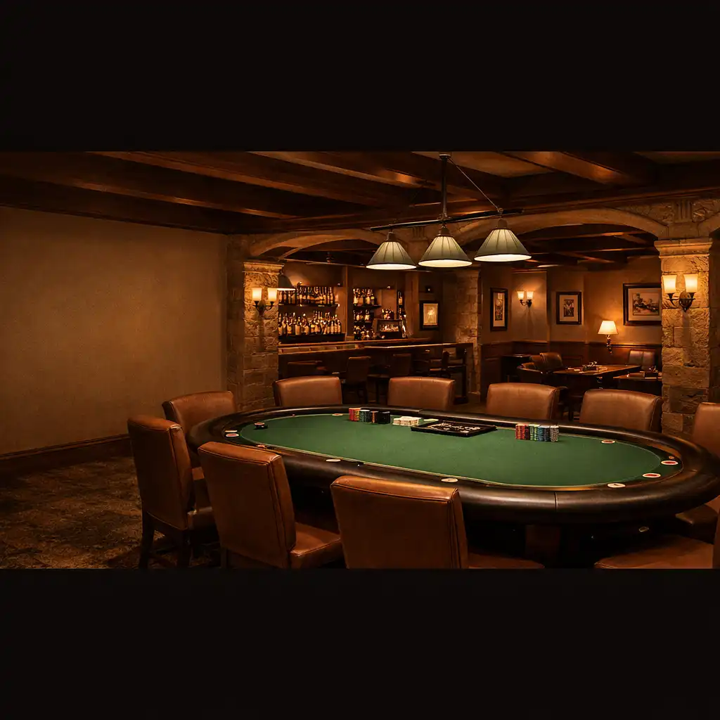 Wide interior view of the Card Lounge with a physical poker table, chairs, and warm sandstone lighting