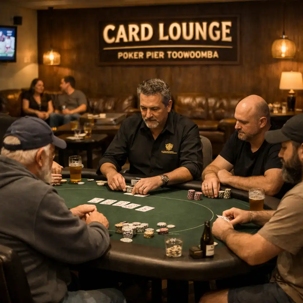 Card Lounge at Poker Pier Toowoomba with a poker table and players in a relaxed setting