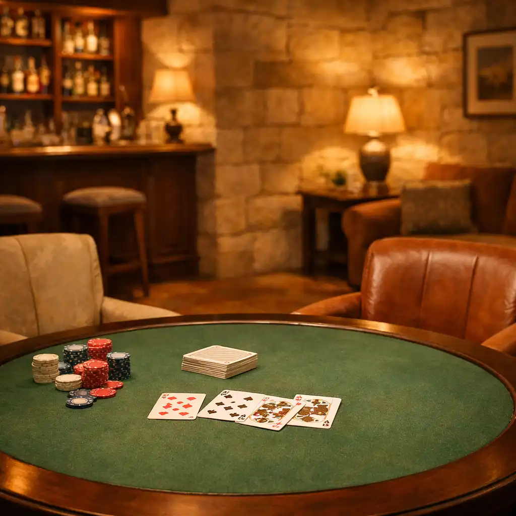 A complete card lounge table setting with chairs in a relaxed venue environment