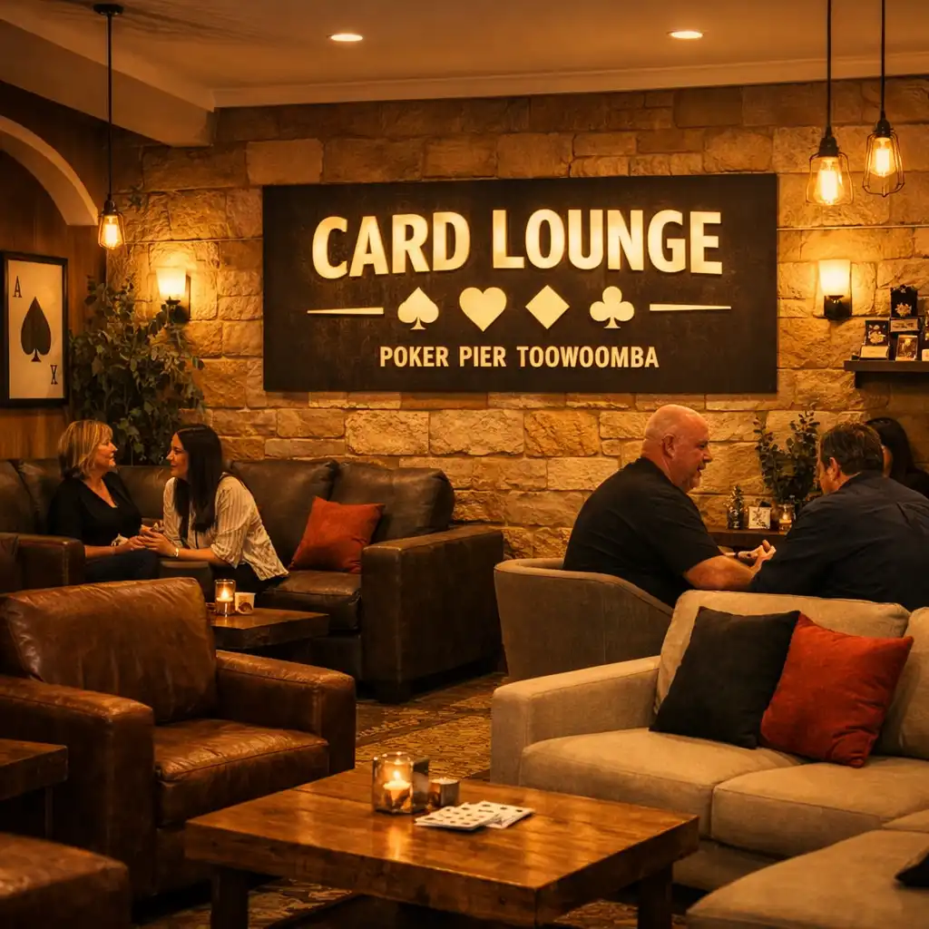 Comfortable seating in the Card Lounge at Poker Pier Toowoomba with warm lighting and a subtle poker theme