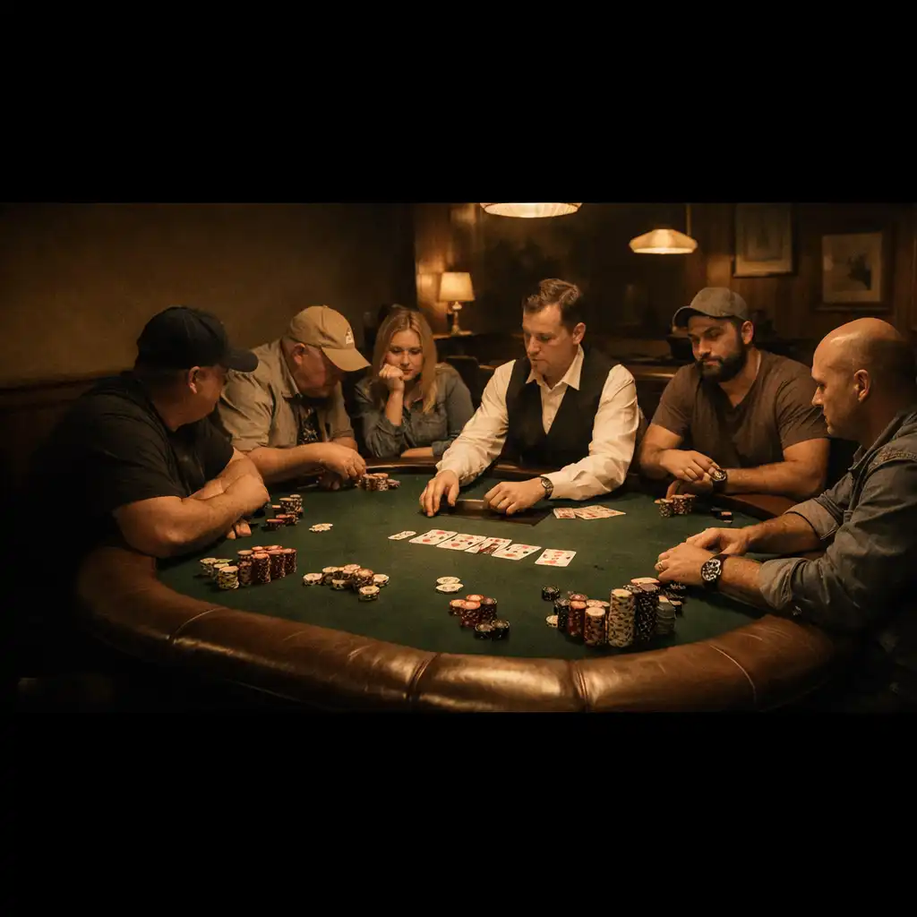 Complete physical poker table with multiple players seated in the Poker Pier Toowoomba Poker Room