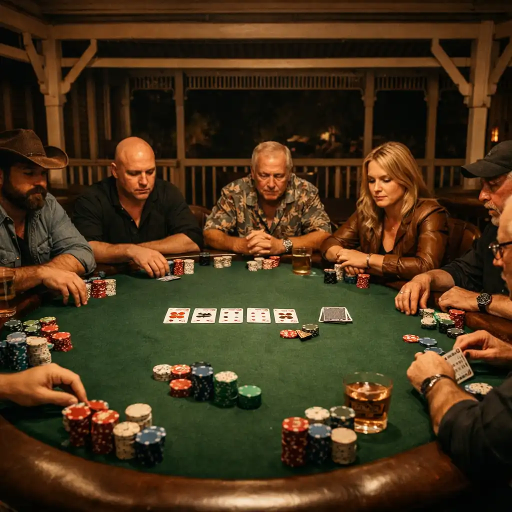A complete physical poker table with adult players, cards and chips in a warmly lit room
