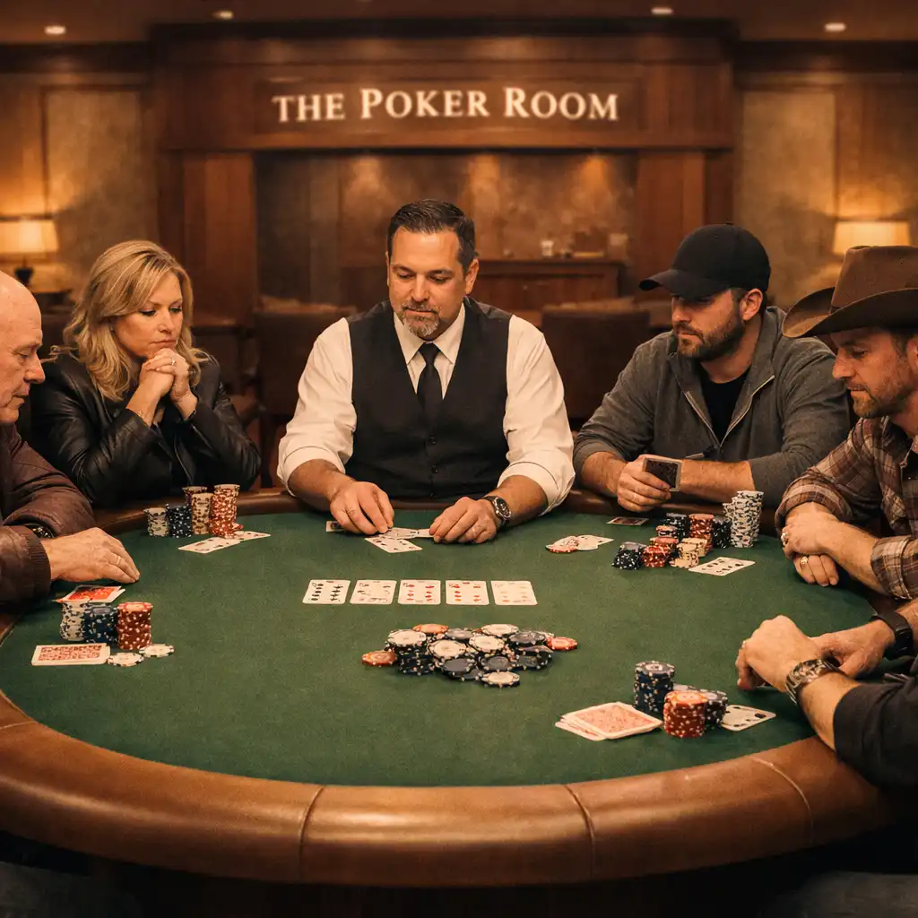 Complete physical poker table with players seated around it in the Poker Room at Poker Pier Toowoomba