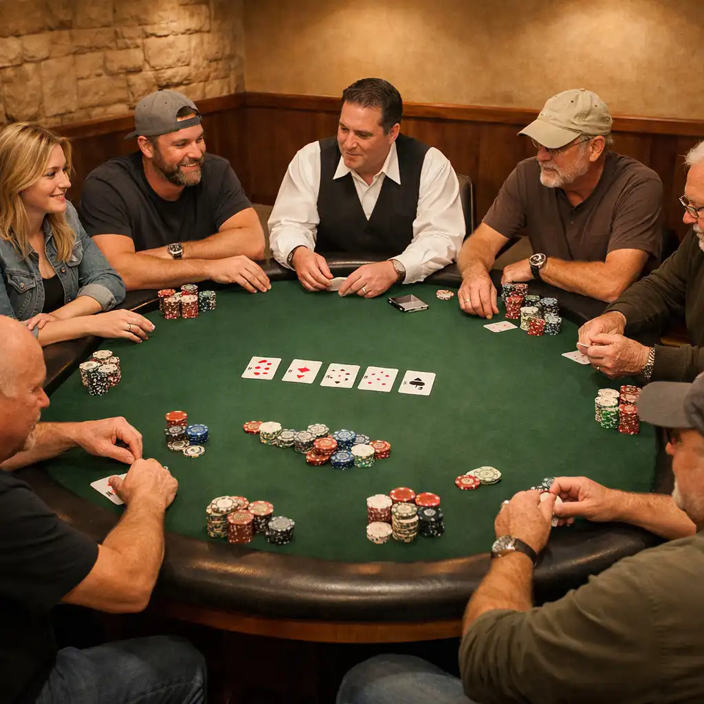 A full offline poker table with multiple players engaged in face-to-face play