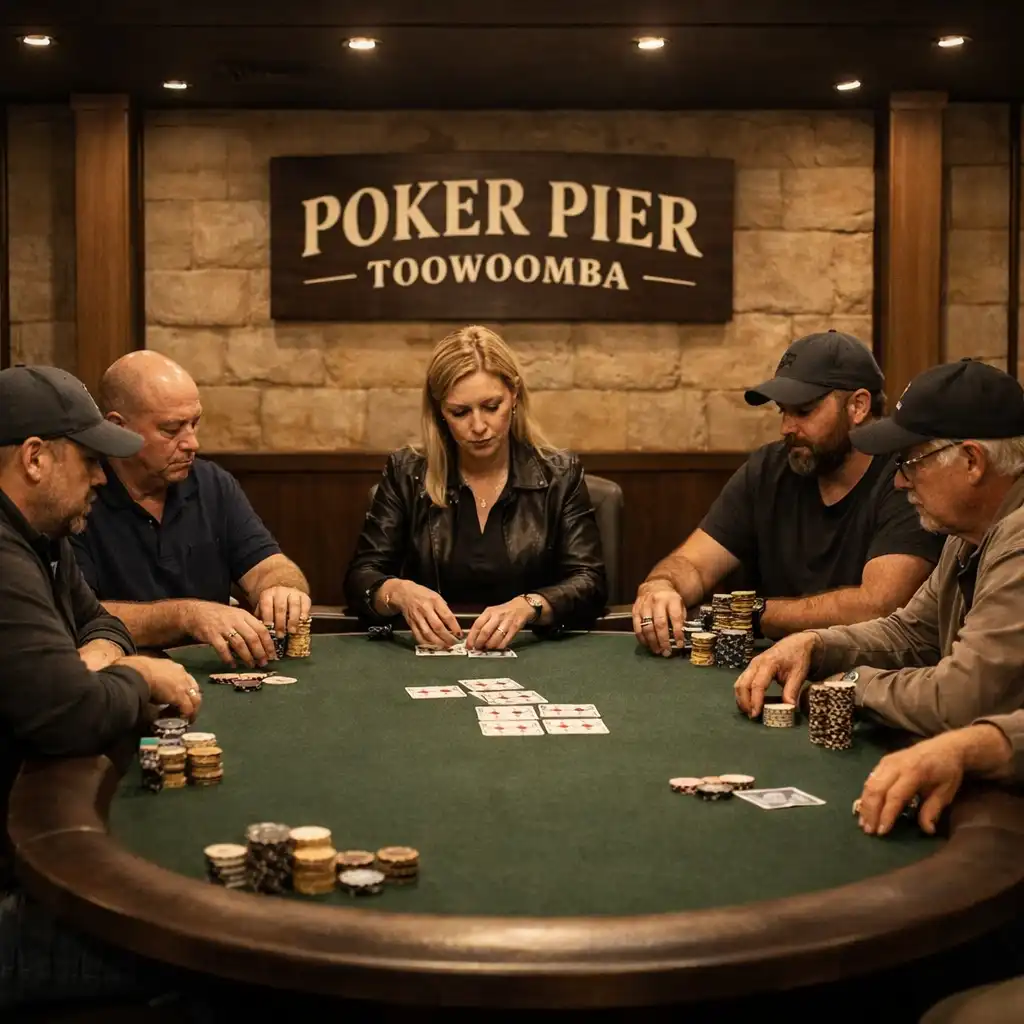 A wide view of a poker night in progress at Poker Pier Toowoomba, with players seated around a physical poker table under warm overhead lighting.