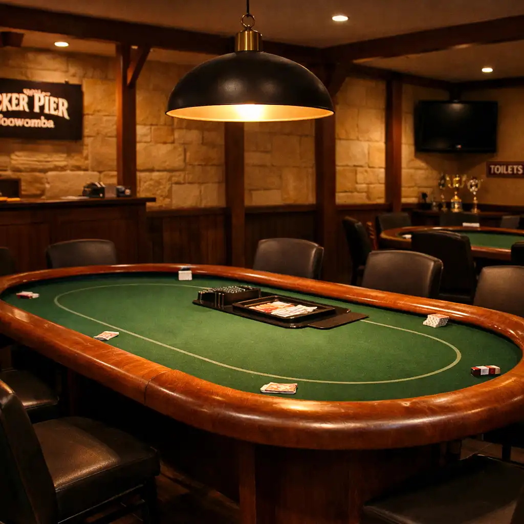 An empty Poker Room at Poker Pier Toowoomba with a single physical poker table centered under a pendant light, sandstone walls, and thin vertical wooden supports.