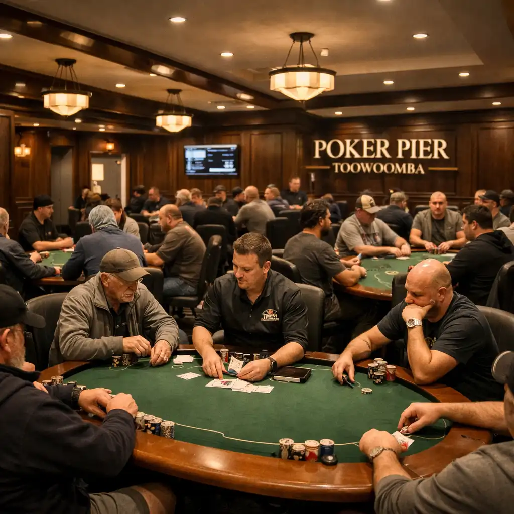 Poker Room at Poker Pier Toowoomba with multiple physical poker tables and players