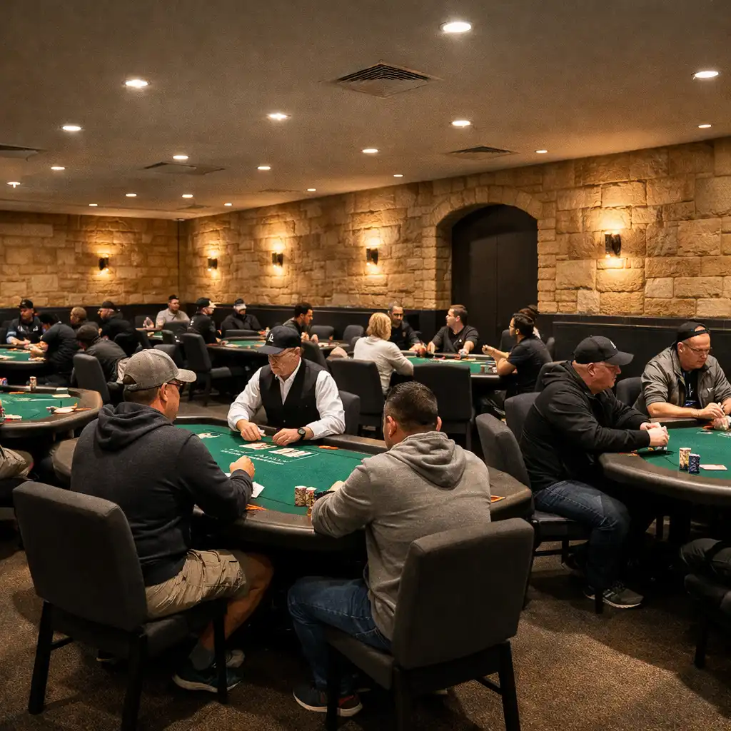 Wide view of the Poker Room at Poker Pier Toowoomba showing multiple physical poker tables with players and no screens visible