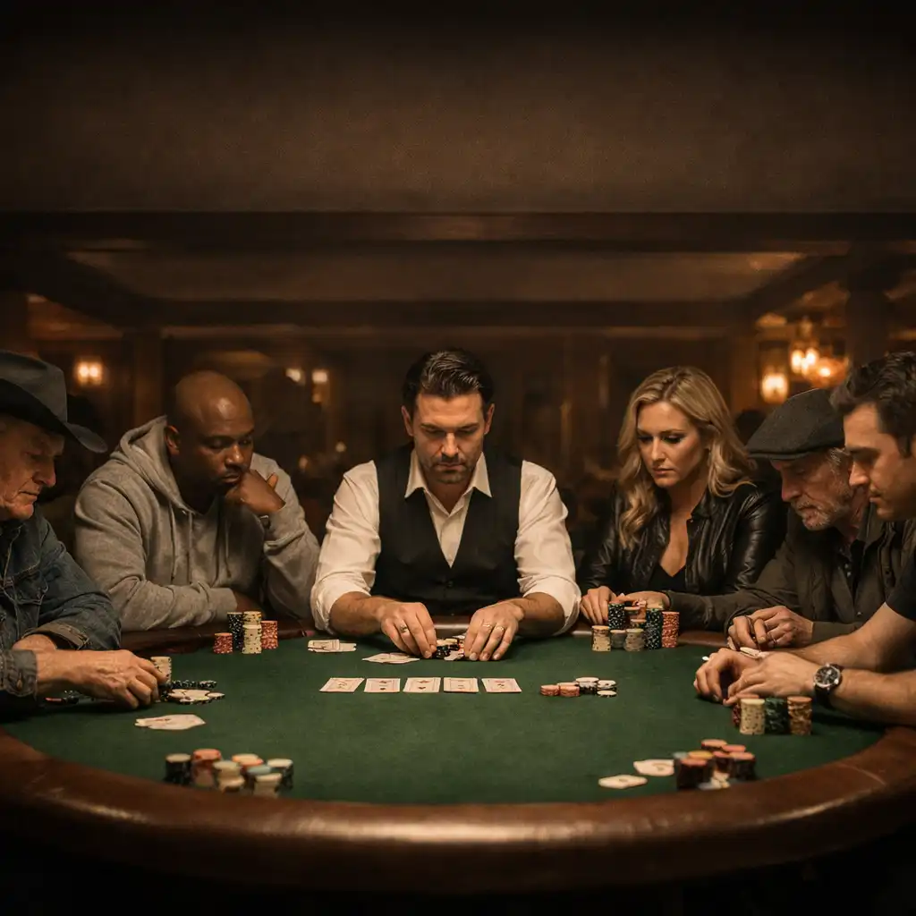 Players seated around a complete poker table in the Poker Pier venue