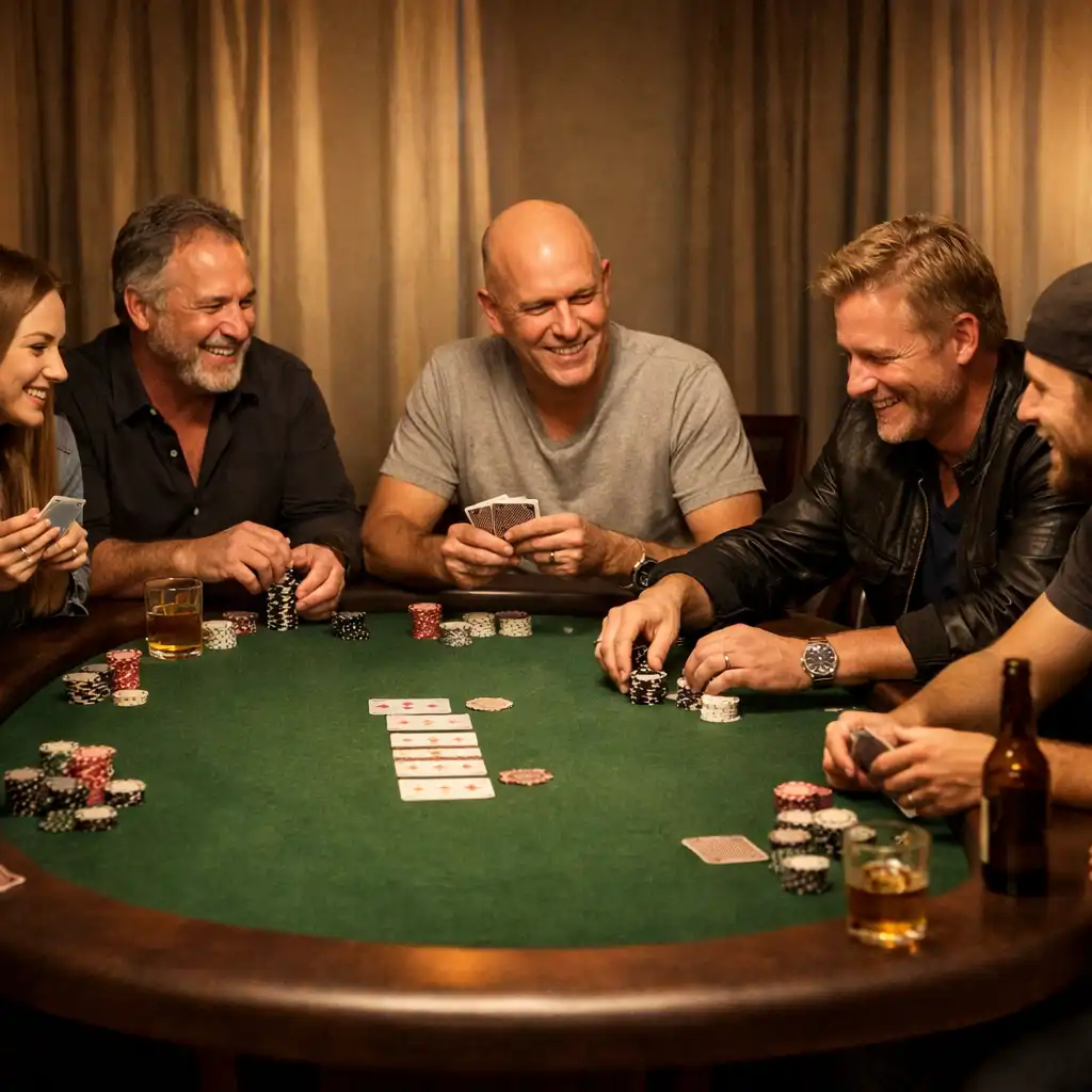 A private poker group seated around a real table in an intimate setting