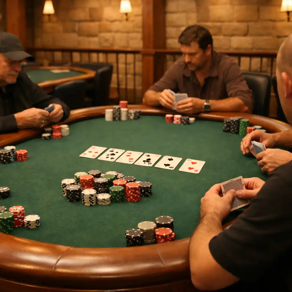 A complete physical poker table in the Poker Room at Poker Pier Toowoomba, with players handling cards and chips.