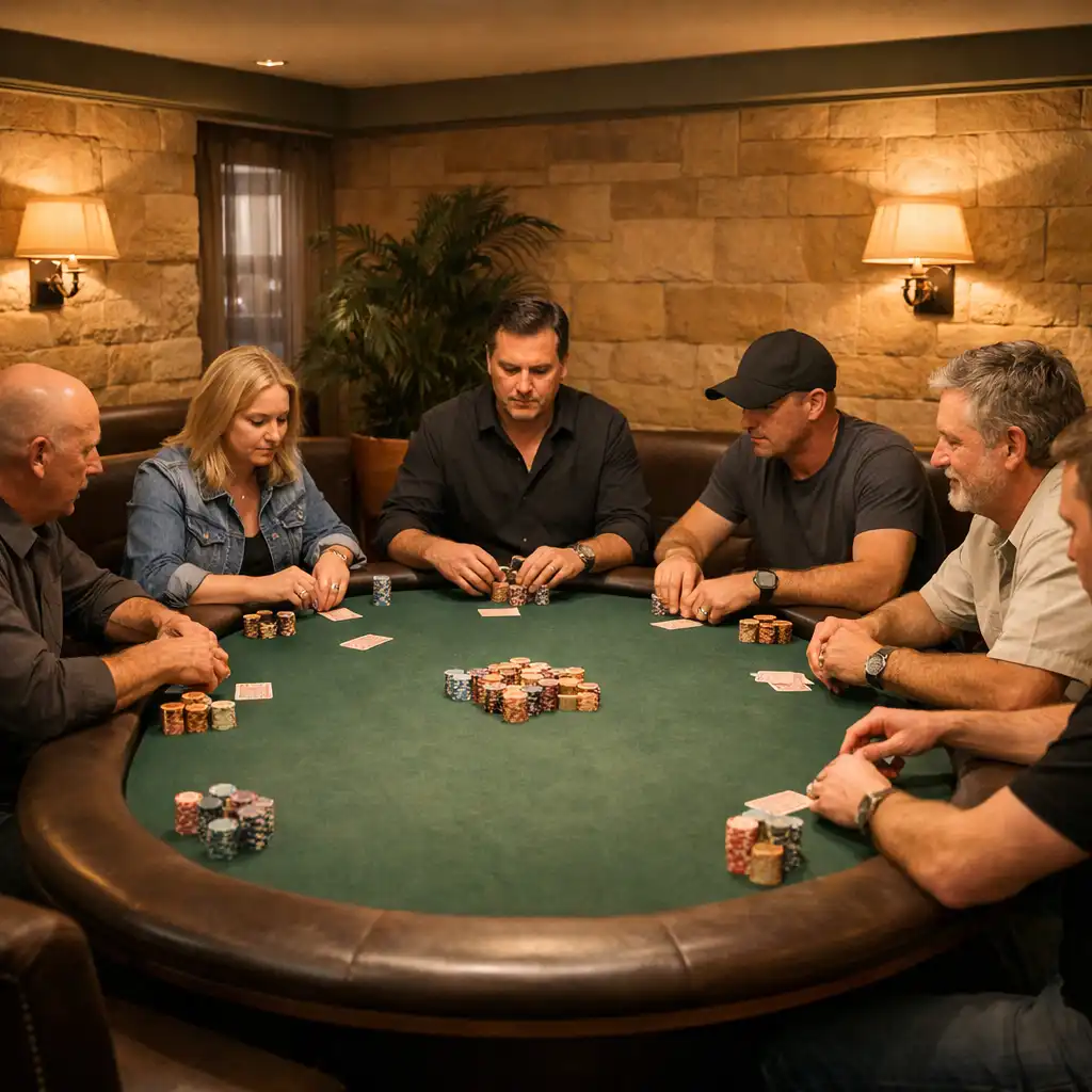 A dedicated private poker table in the Poker Room at Poker Pier Toowoomba, with players seated around a green felt table.