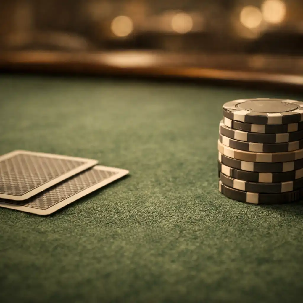 Close-up of a physical poker table surface showing green felt, playing cards and a stack of chips
