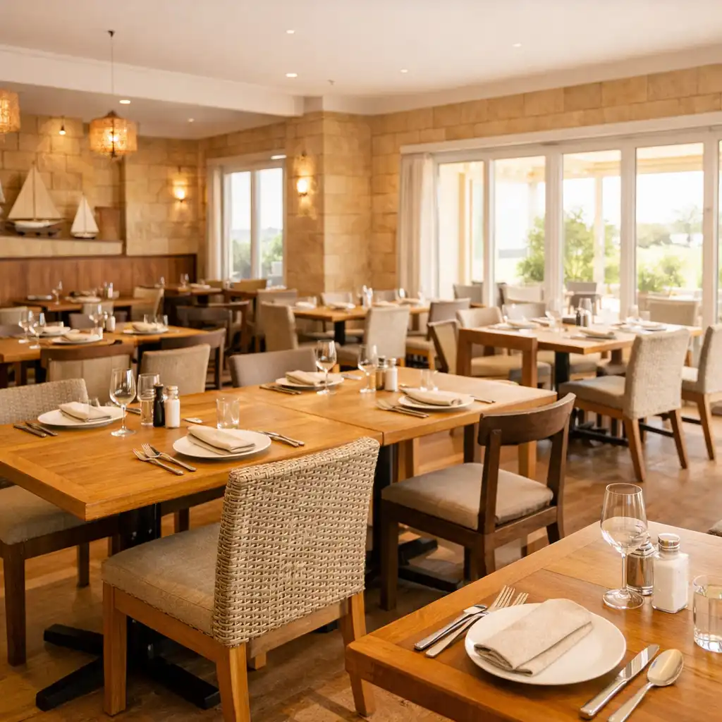 The restaurant dining area at Poker Pier Toowoomba, with contemporary wooden tables and chairs.