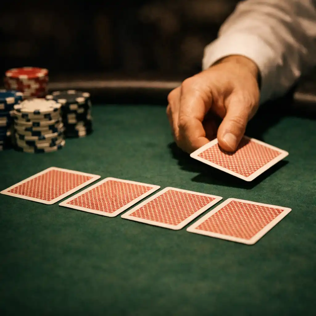 Playing cards being dealt face down on the green felt of a poker table