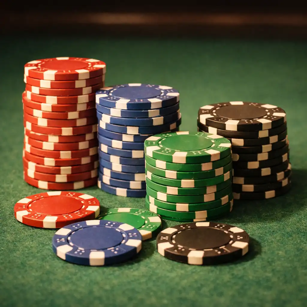 Stacks of poker chips in standard colours on the green felt