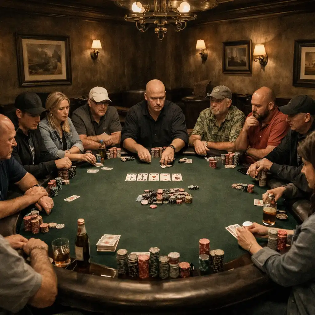 A player seated at the poker table, focused on the hand in progress