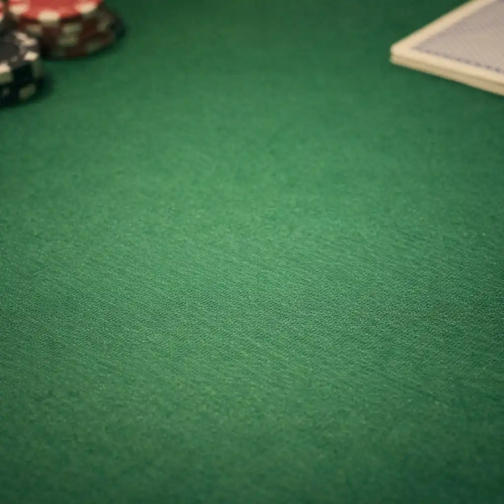 Smooth green felt surface of a poker table with chips and a card at the edge