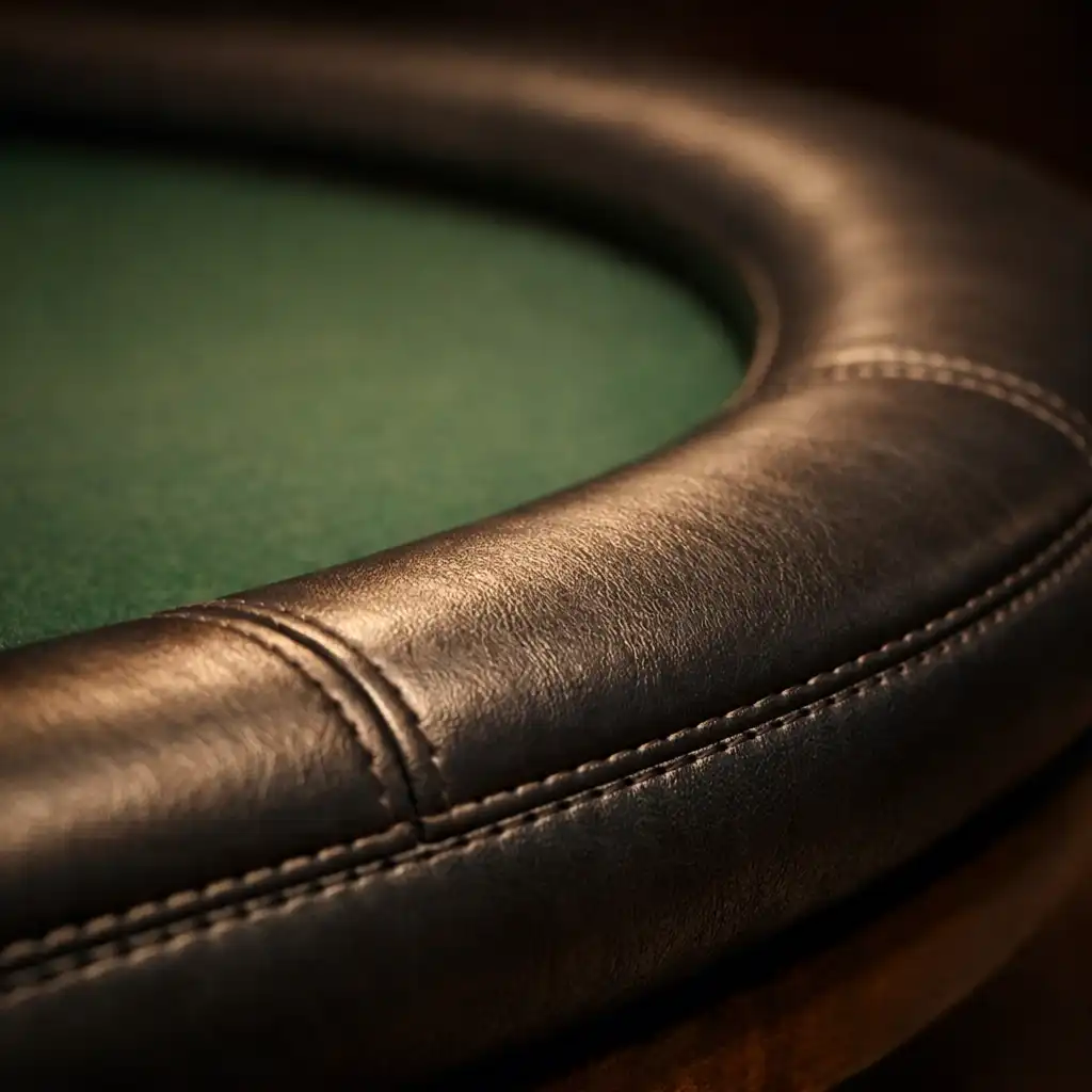 Close-up of the padded rail of a poker table